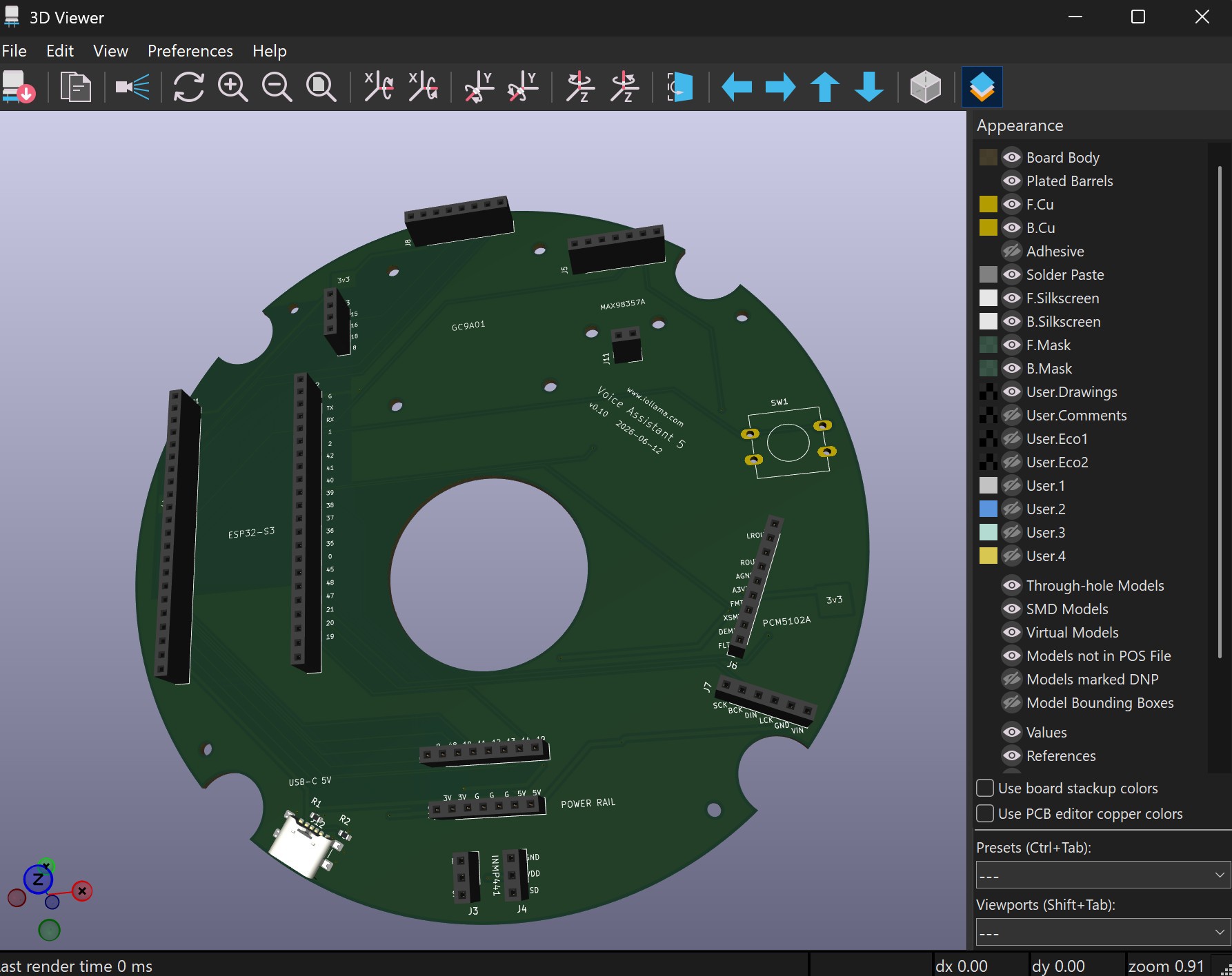 Two-layer custom PCB layout for the voice assistant