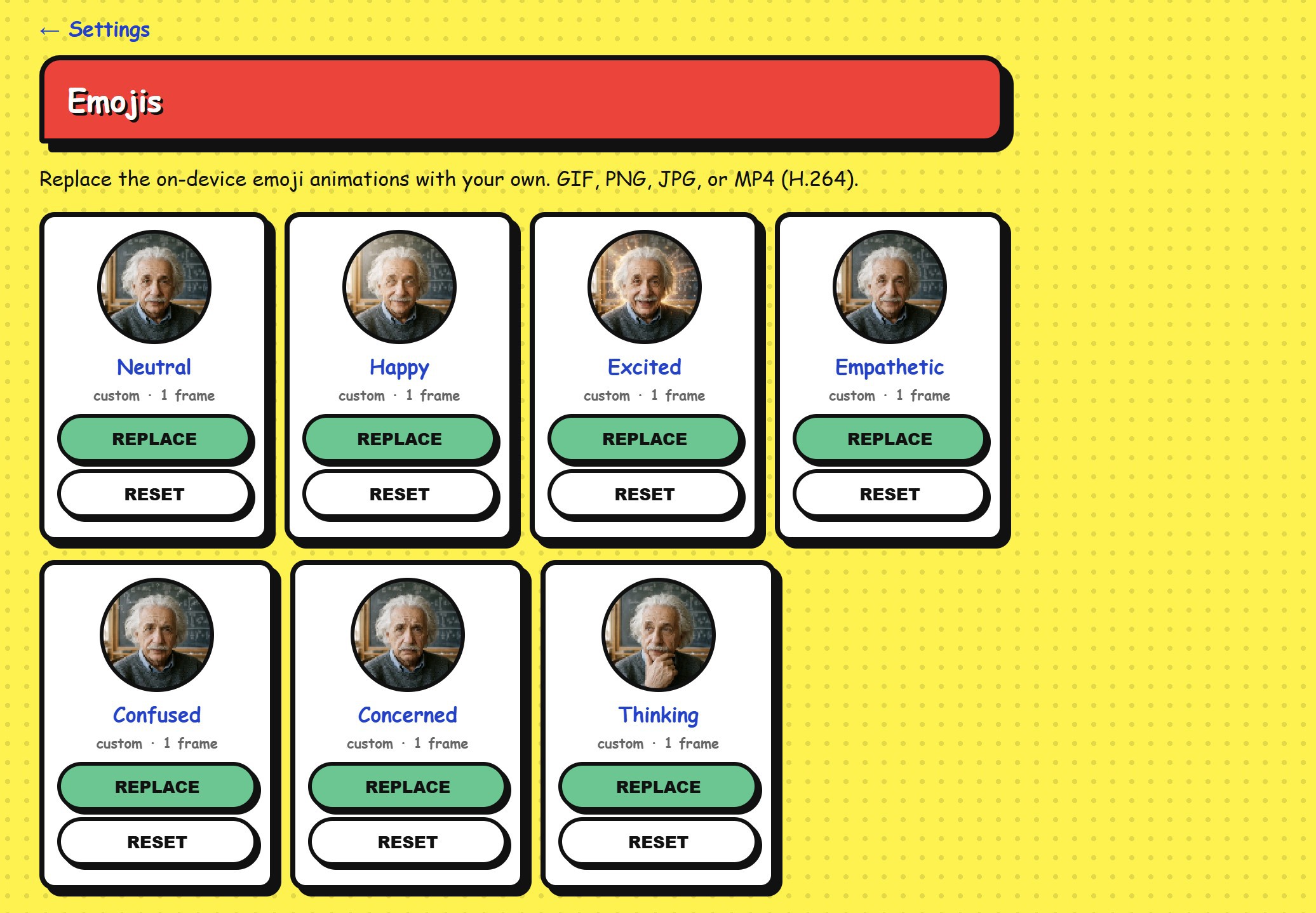 Browser interface for editing the assistant's animated faces and moods